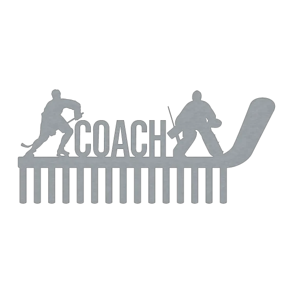 A laser-cut steel wall decor piece featuring silhouettes of a hockey player and a goalie on either side of the word 'COACH'. The design is integrated into a hockey stick shape at the bottom, with vertical slats resembling the stick's blade.